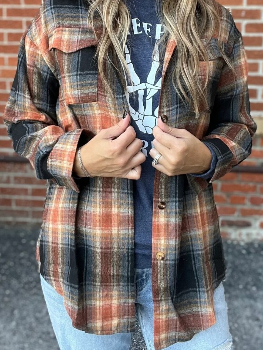 Plaid Button-Front Overshirt Jacket in Rust & Black 3XL
